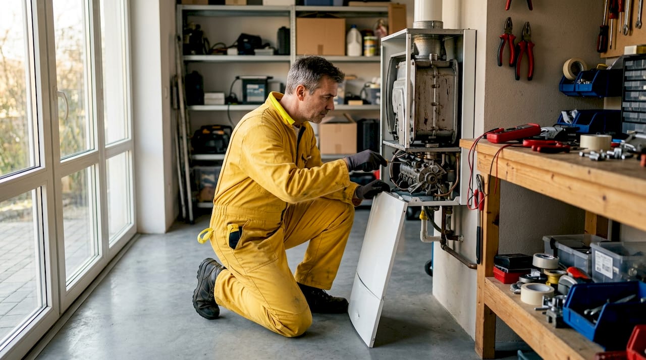 Technician removing boiler panel for service