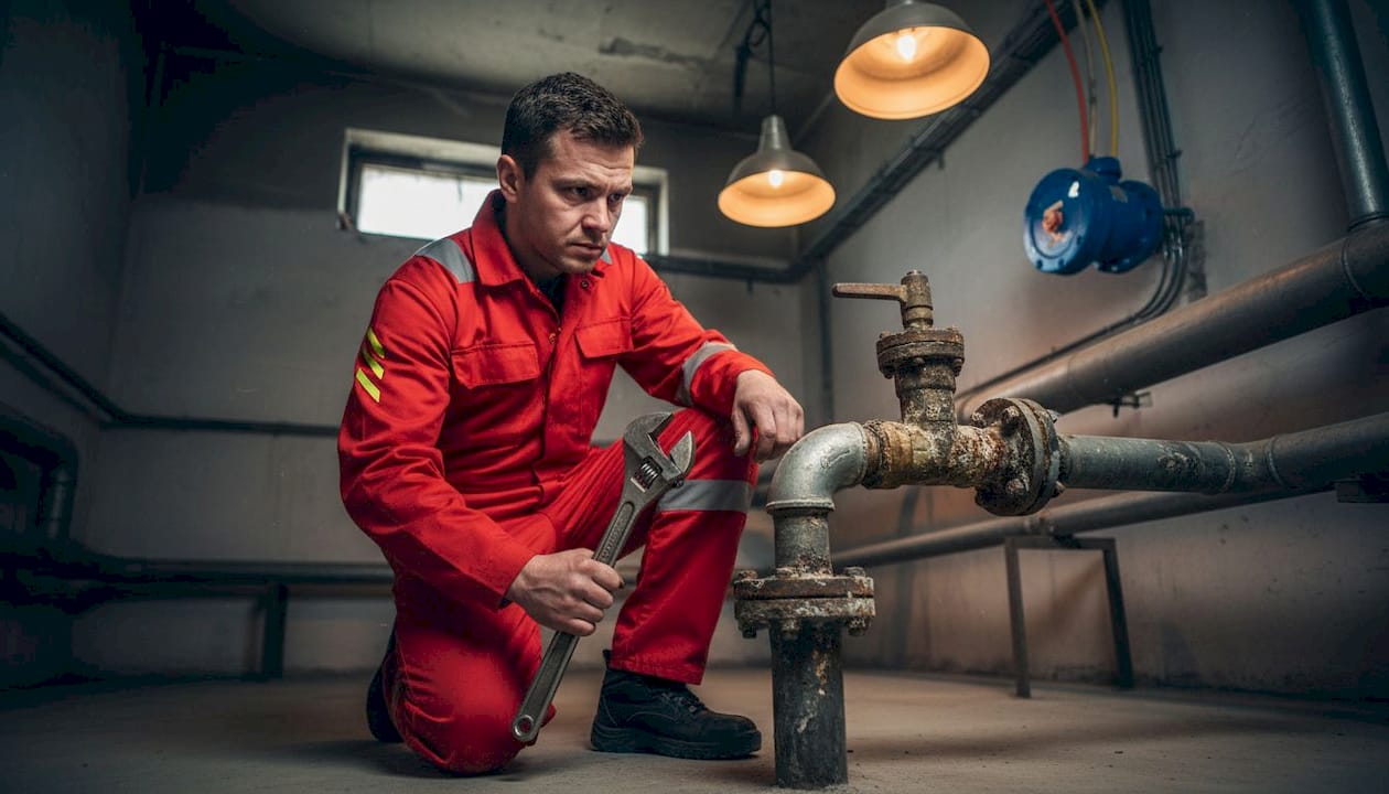 Hands tightening water supply pipe fitting during inspection