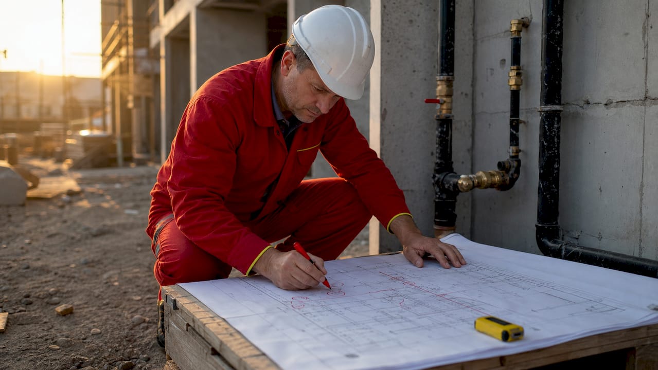 Plumber marking onsite as-built changes