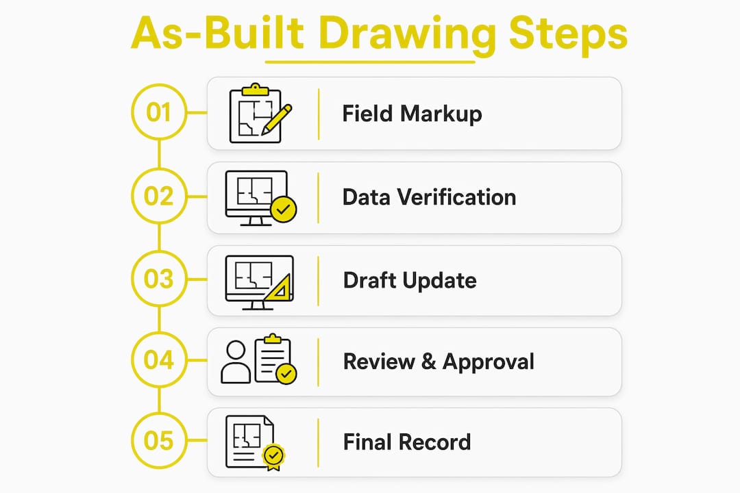 Infographic illustrating plumbing as-built drawing process