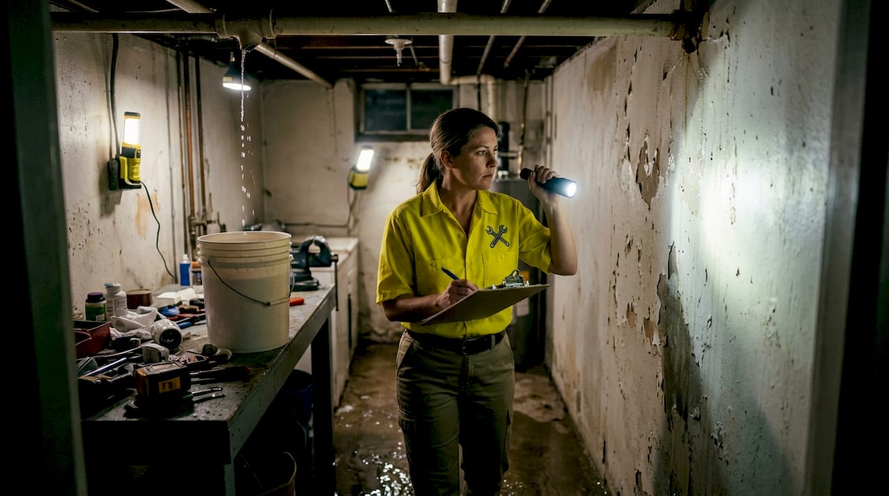 Plumber inspecting water damage in basement