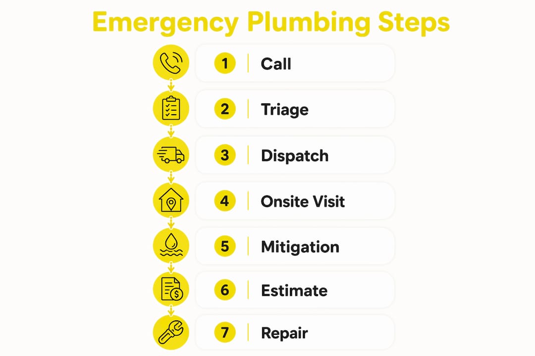 Infographic illustrating emergency plumbing response steps