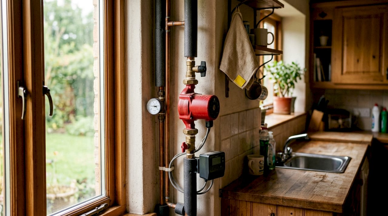 Close-up of hot water circulation pump and controller