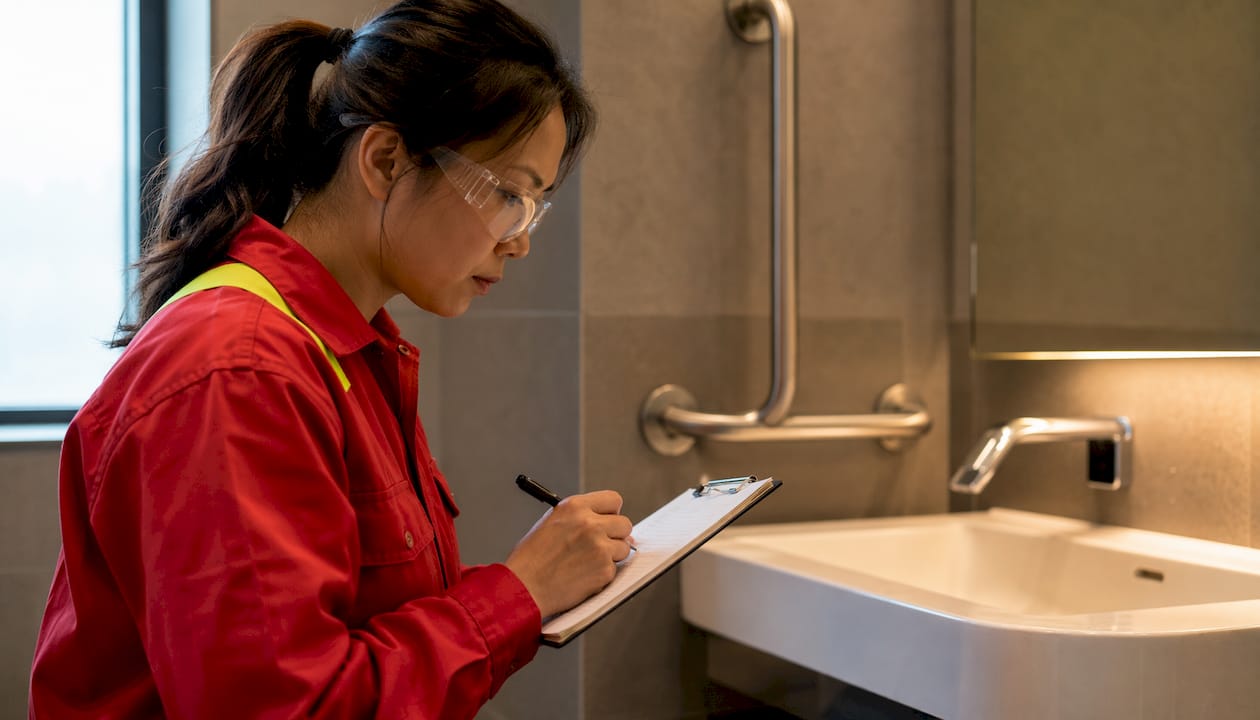 Facilities manager auditing ADA restroom features