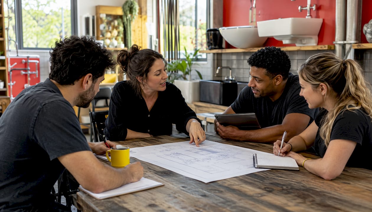 Team reviewing ADA plumbing blueprints in meeting