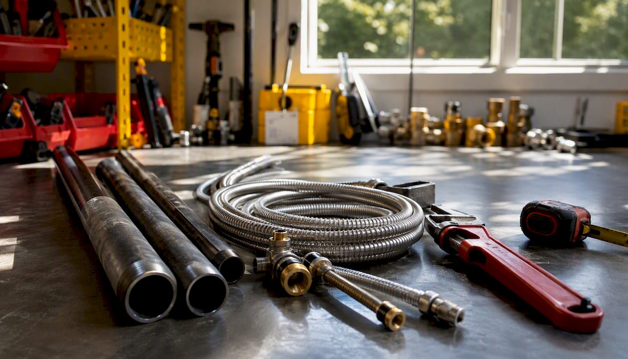 Gas piping materials displayed on workshop bench