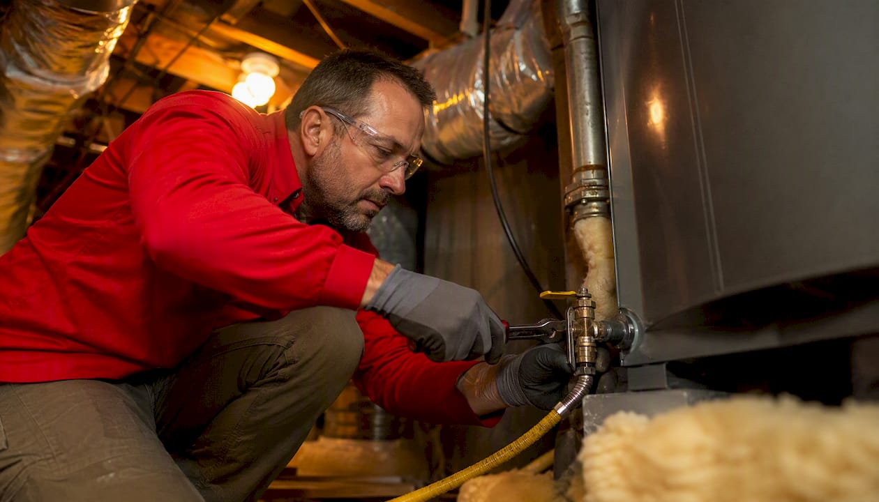 Gas installer connecting pipe in utility room