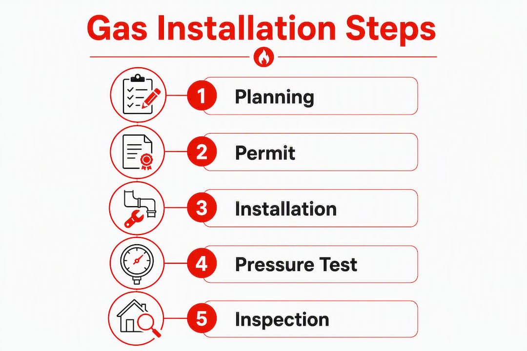 Infographic illustrating gas piping installation steps