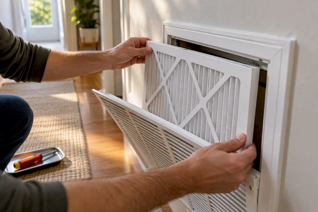 Hands replacing a heat pump air filter