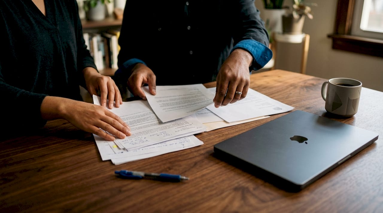 Hands handling labor law documents on table