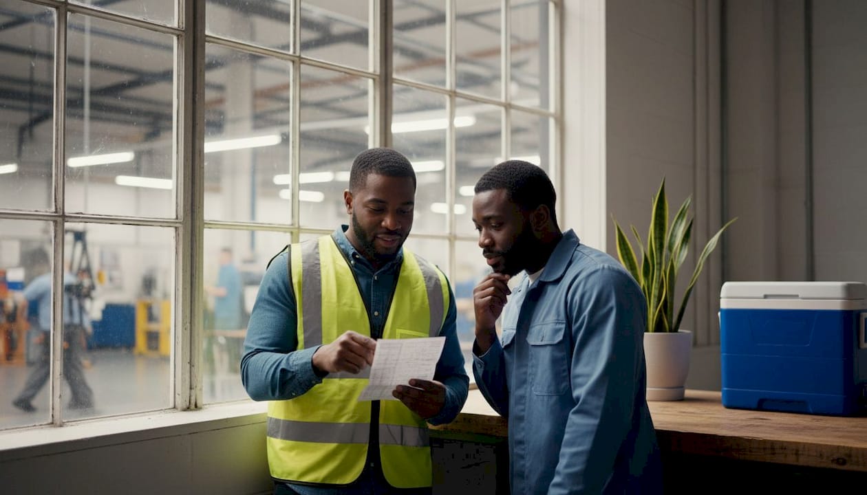 Two men discussing pay and overtime rights at work