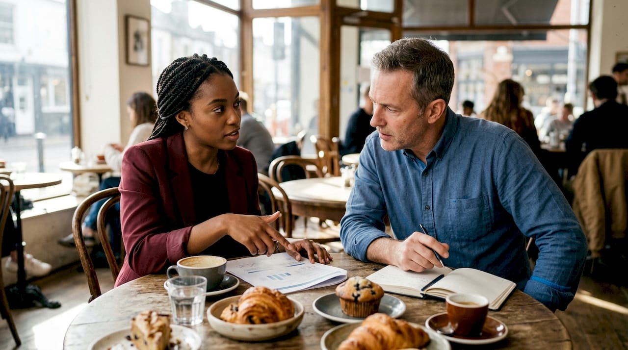 Two people discussing overtime eligibility documents