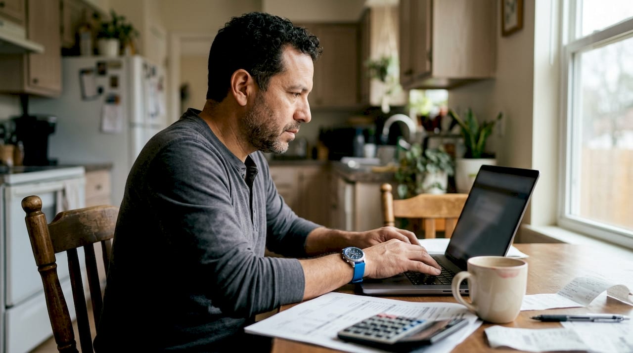 Hands typing on laptop with pay stubs and calculator