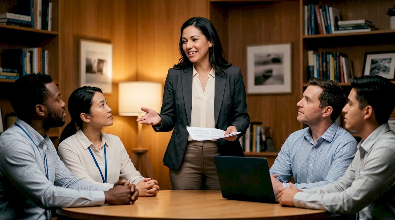 Manager addressing employees on fairness