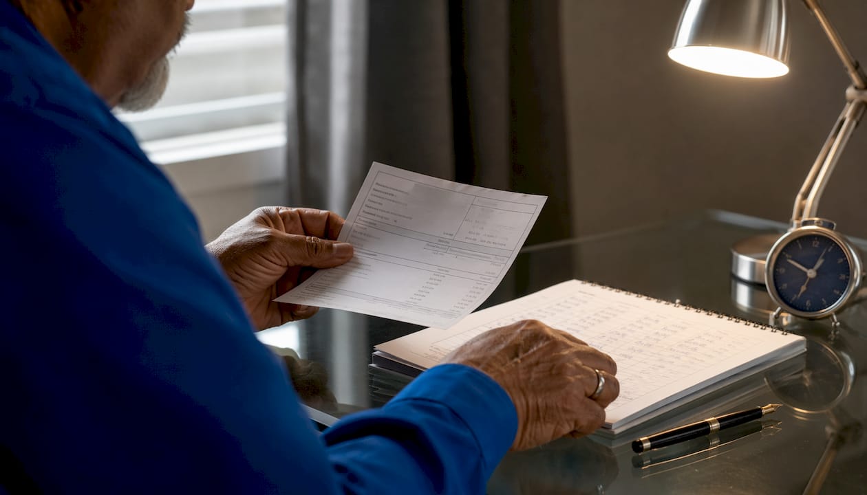 Hands comparing pay stub and time log