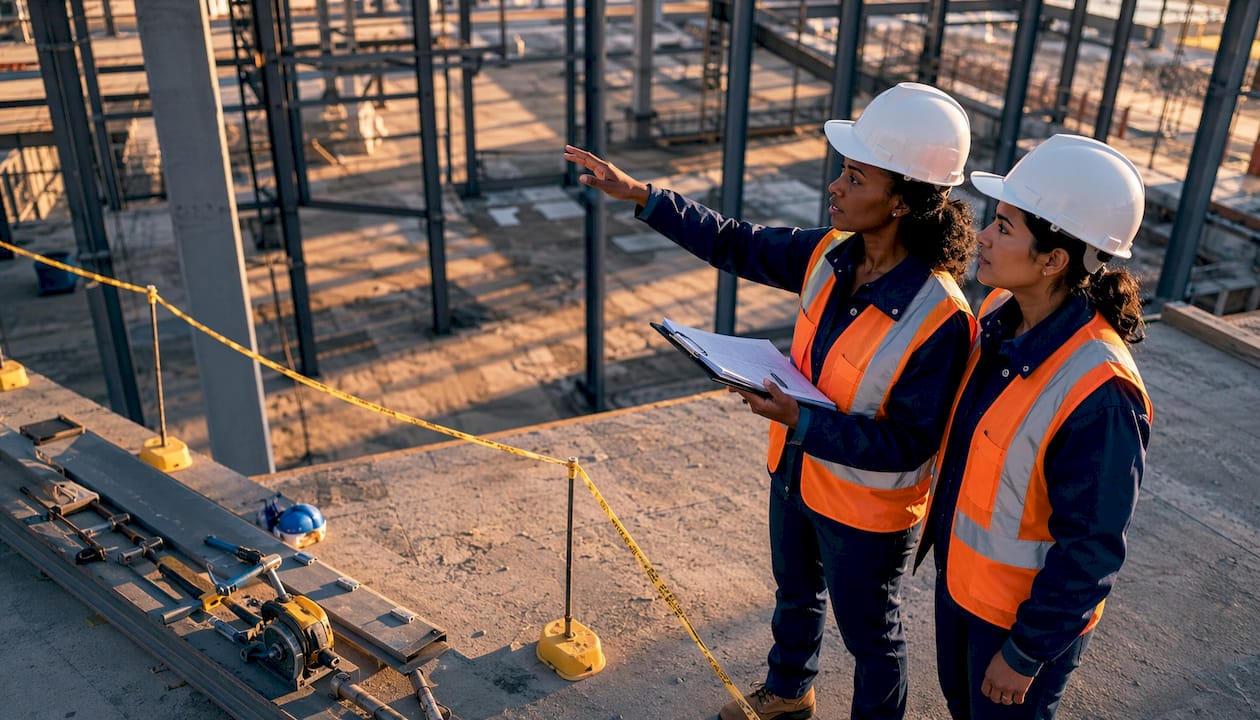 Two supervisors discussing construction safety plans