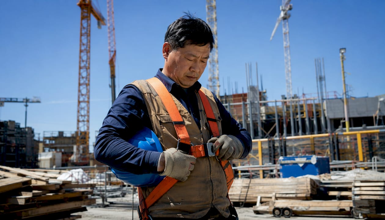 Worker fastening safety harness on site
