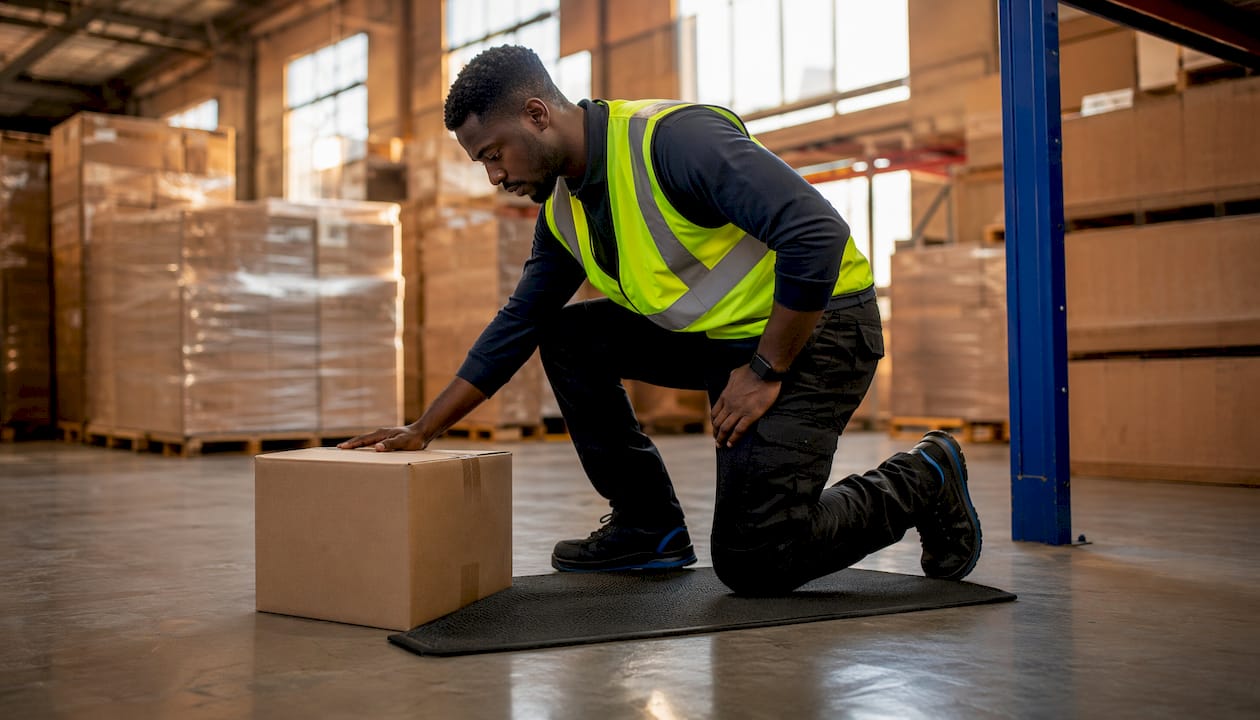 Warehouse worker pausing with back strain
