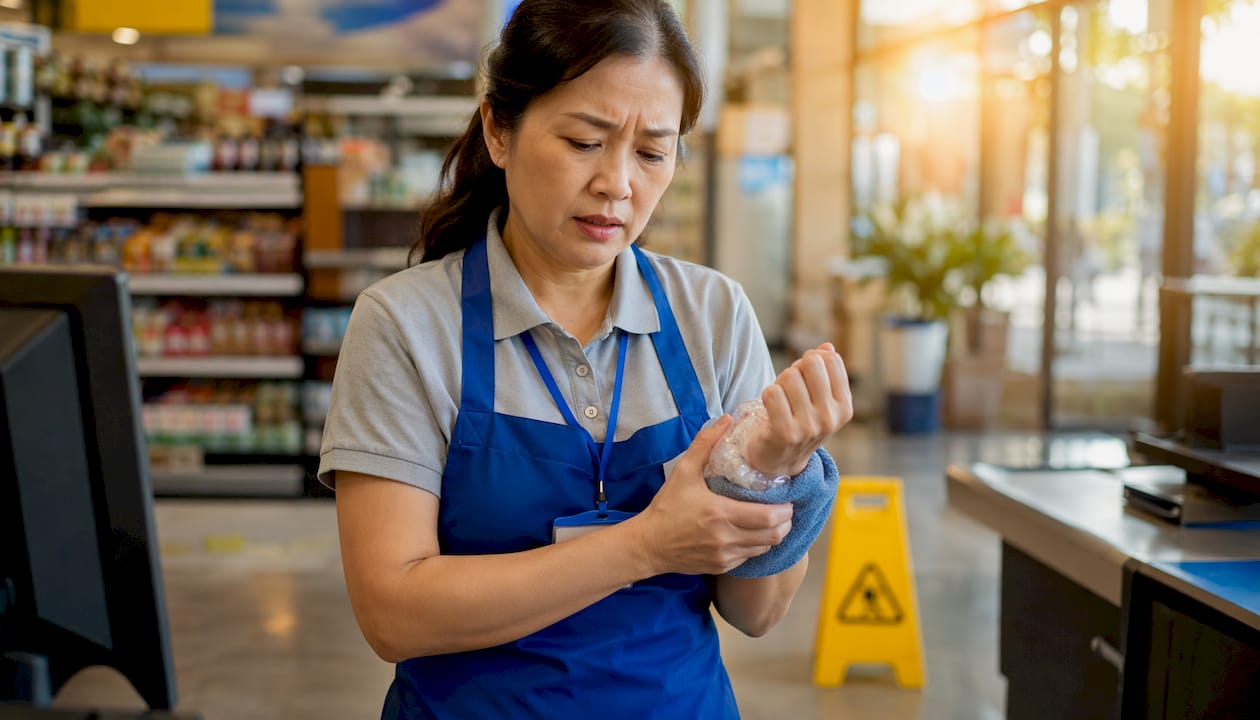 Cashier with wrist injury at grocery checkout