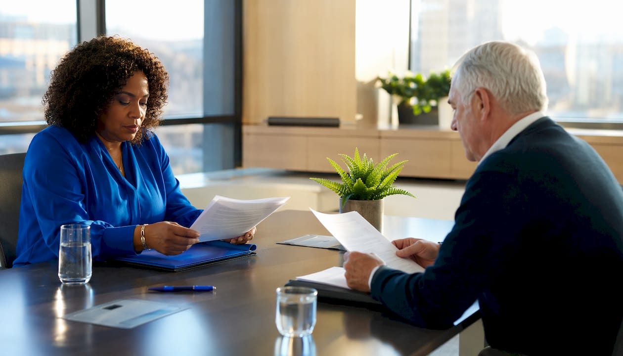 Union and management negotiators reviewing proposals