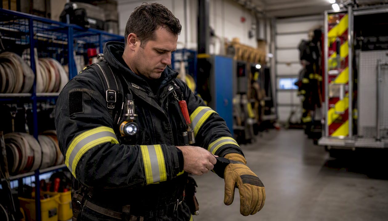 Firefighter putting on glove at station