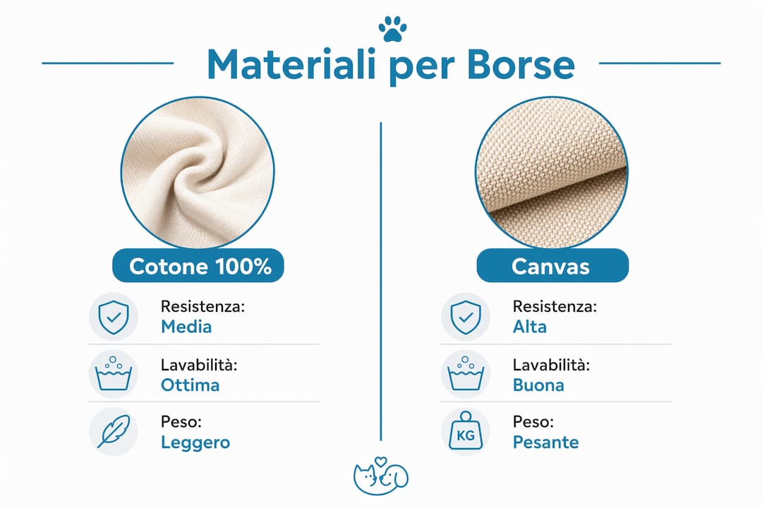 Infografica: confronto tra i principali materiali utilizzati per le borse da trasporto per cani