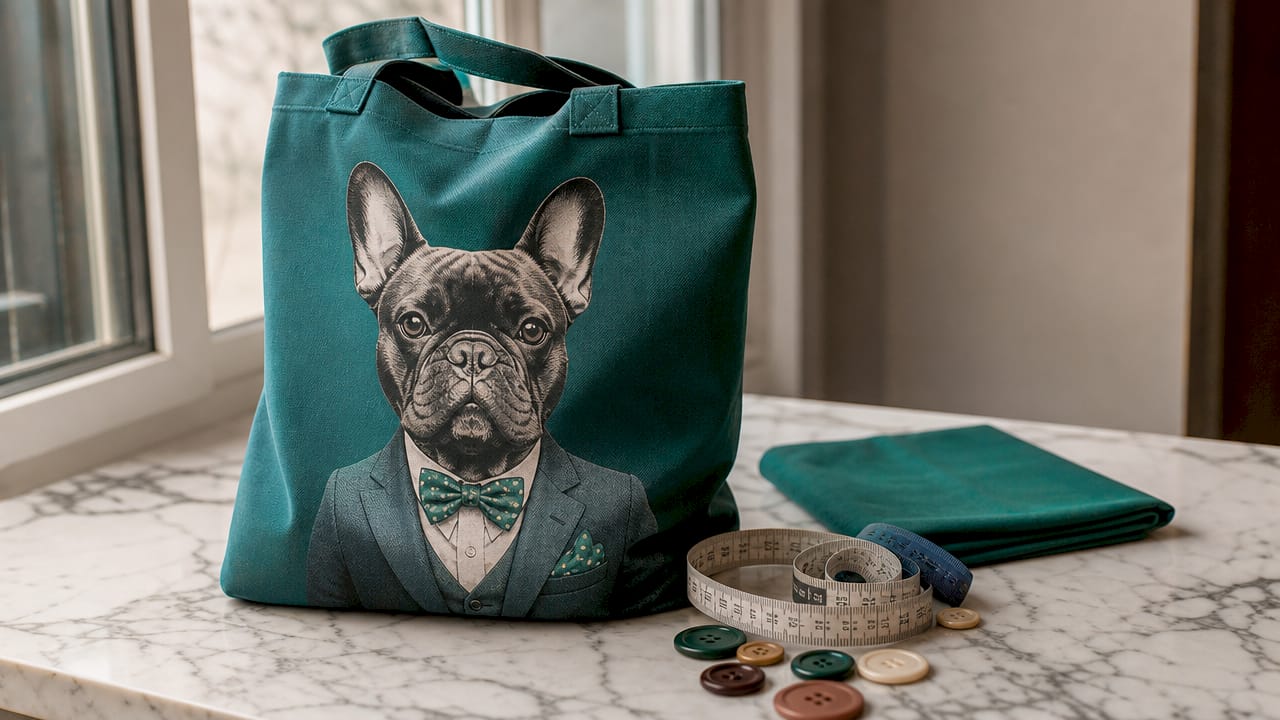 Una borsa in canvas decorata con l’immagine di un cane, posata accanto a tessuti e accessori da sartoria.