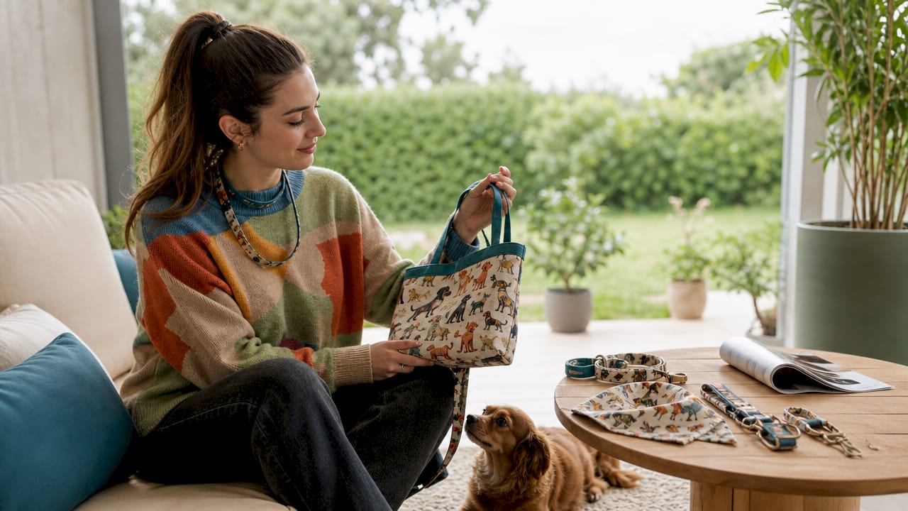 Una donna posa con una borsa animalier in un salotto pieno di luce.