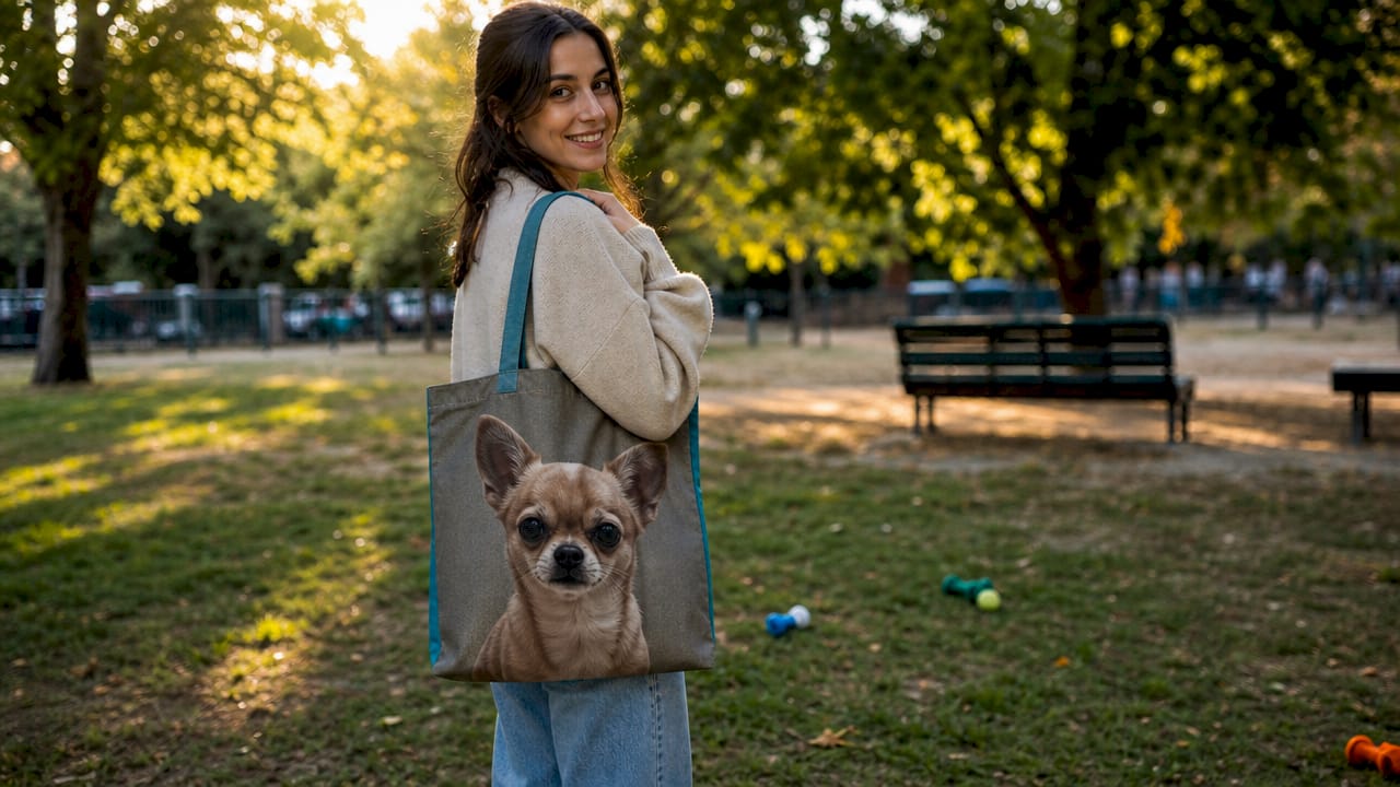 Una mano appoggia una borsa con la stampa di un Chihuahua sul tavolo.