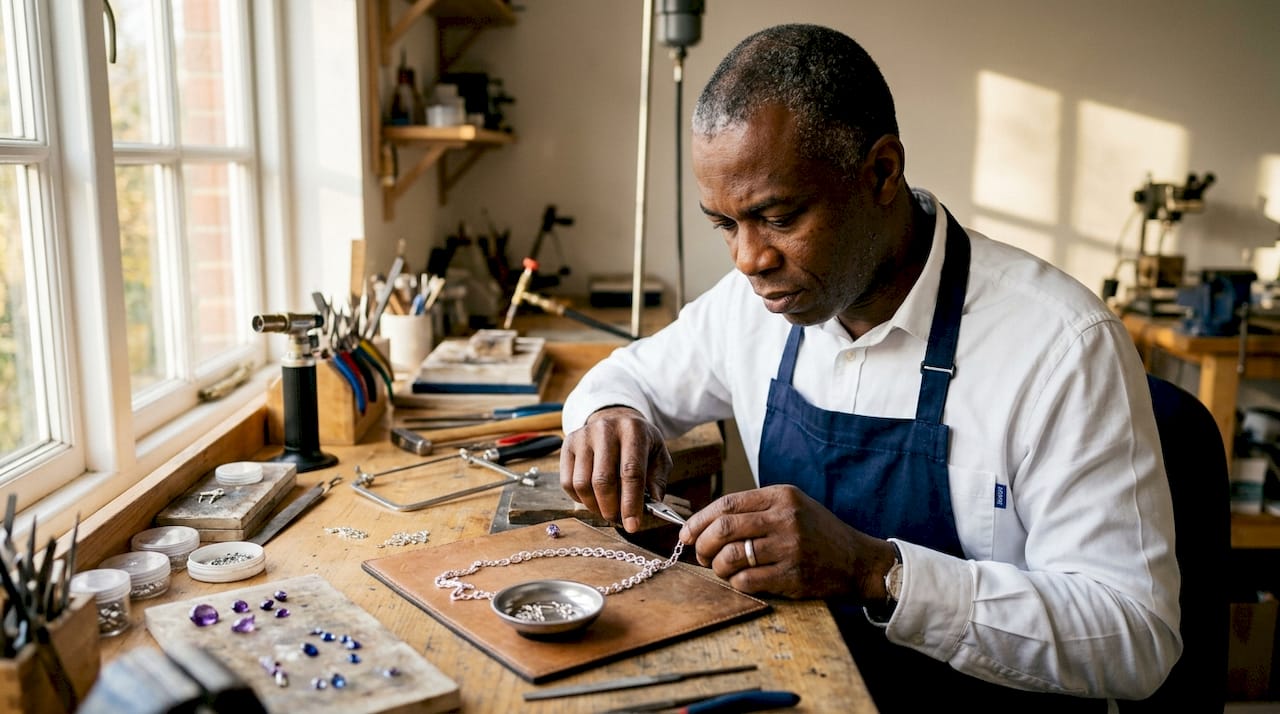 Jeweller polishing silver necklace edges by hand