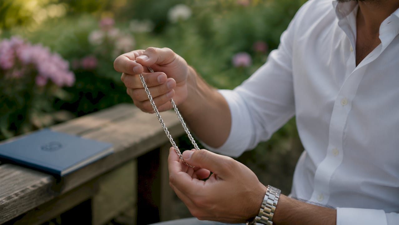 Hands holding detailed silver rope chain necklace