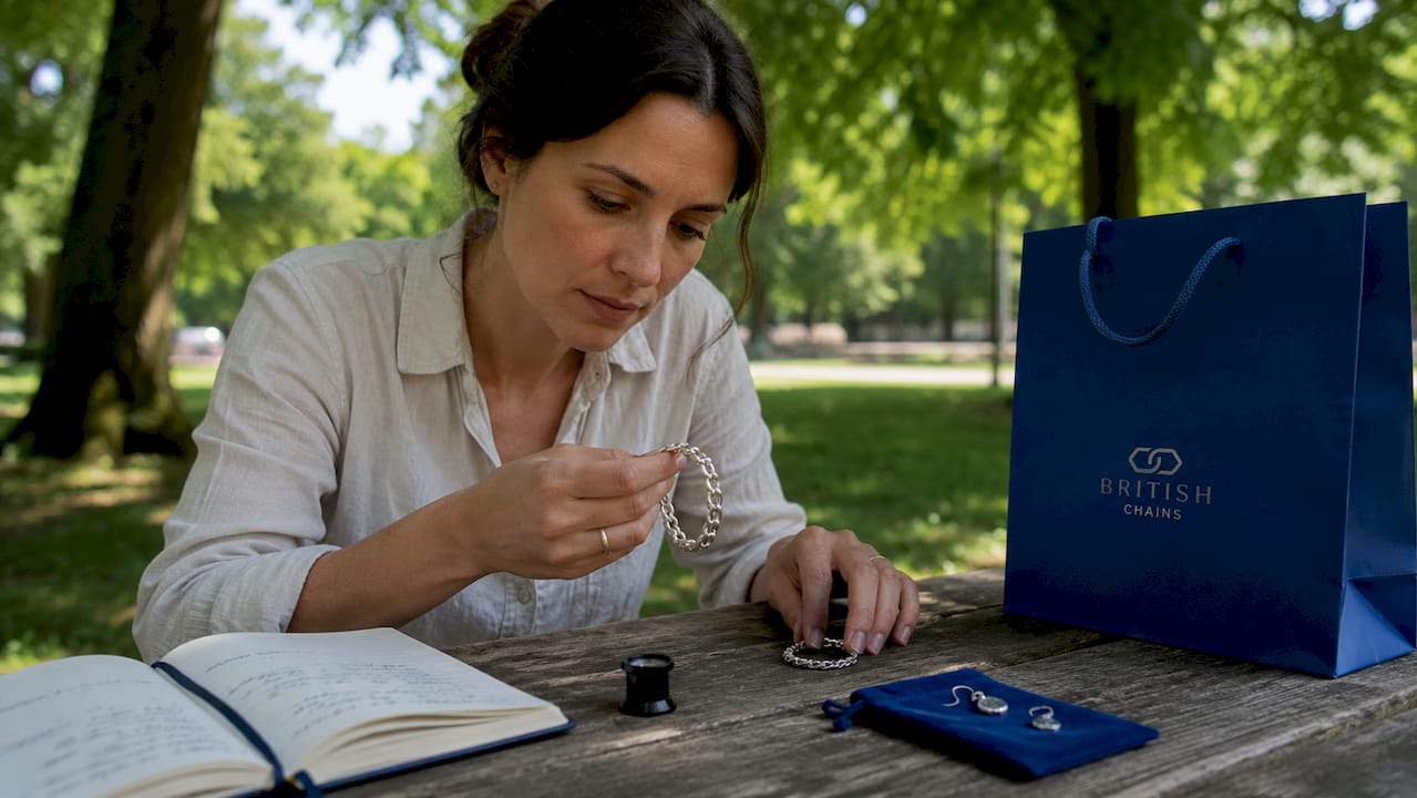 Woman comparing sterling and silver-plated bracelets