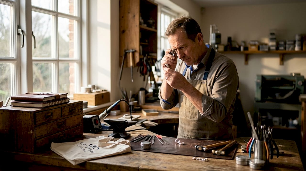 Close-up on jeweler's hands shaping silver ring with tools.