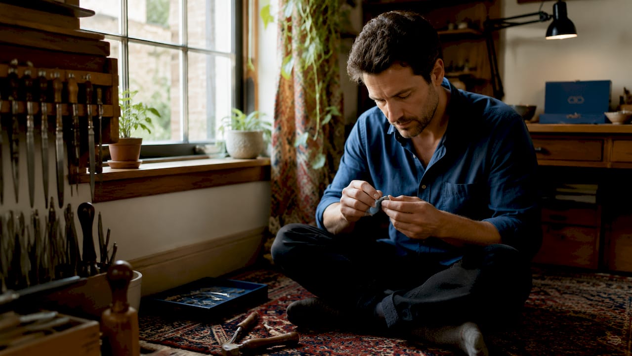 Craftsman polishing gold ring at workbench