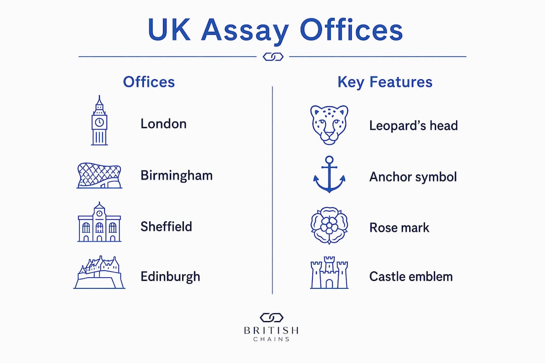 Infographic comparing UK assay offices and their hallmark symbols