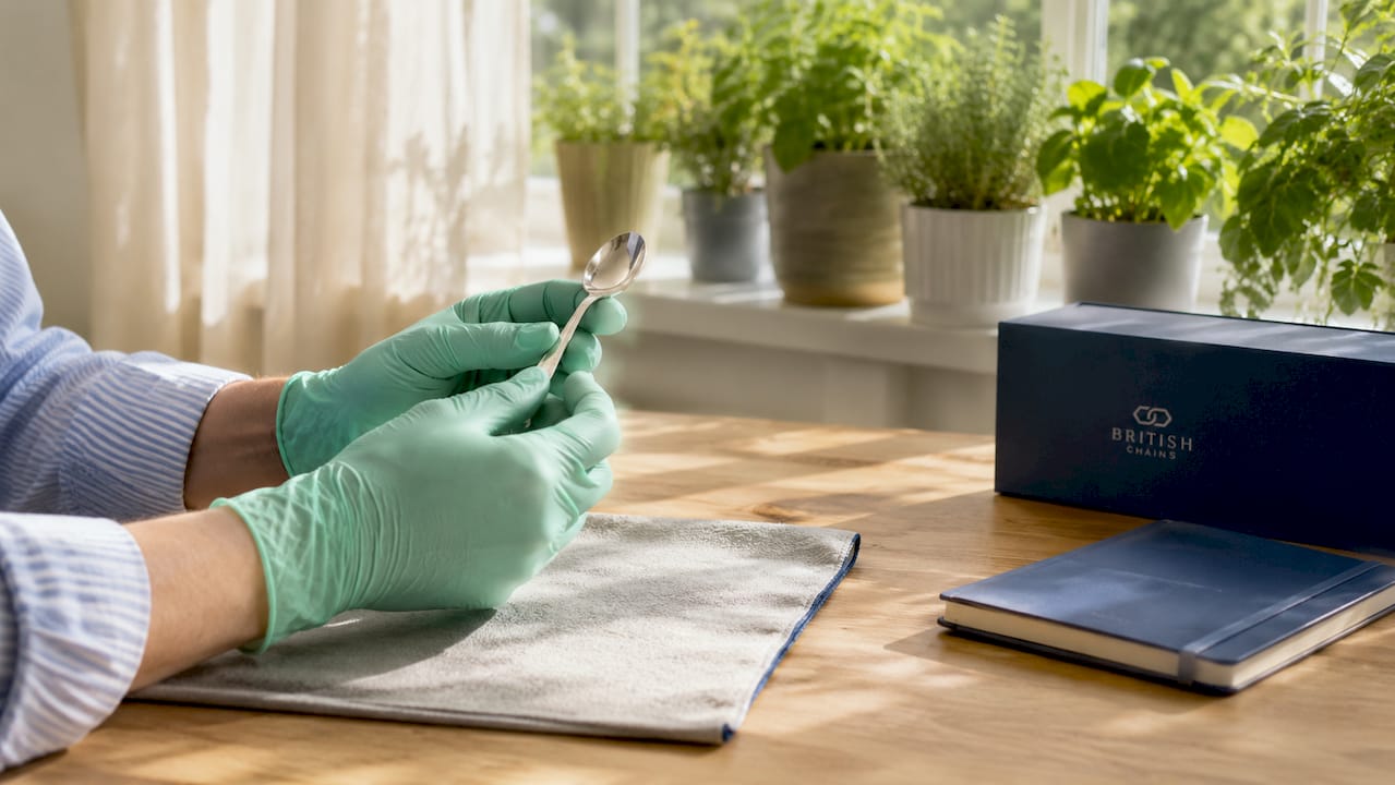 Hands in gloves holding sterling silver spoon over cloth
