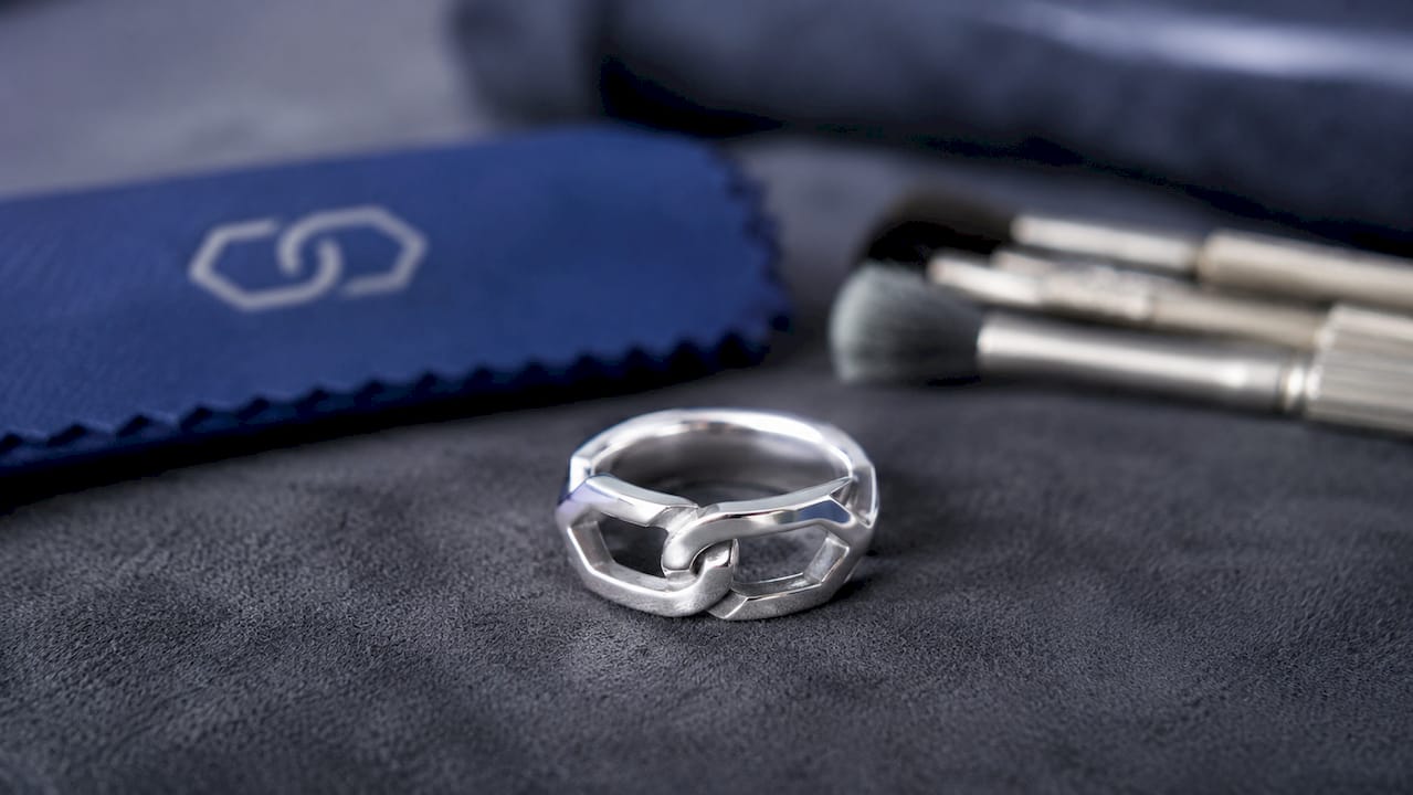 Close-up of rhodium-plated silver ring