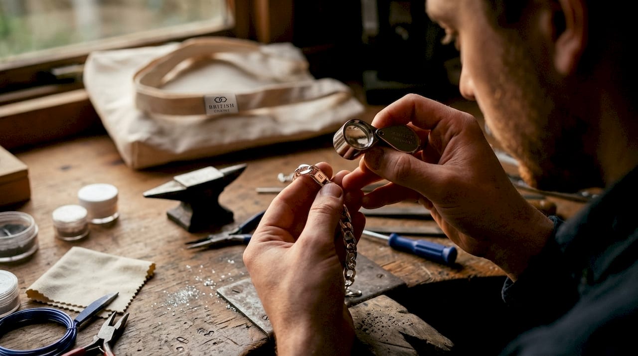 Hands inspecting sterling silver hallmark closely