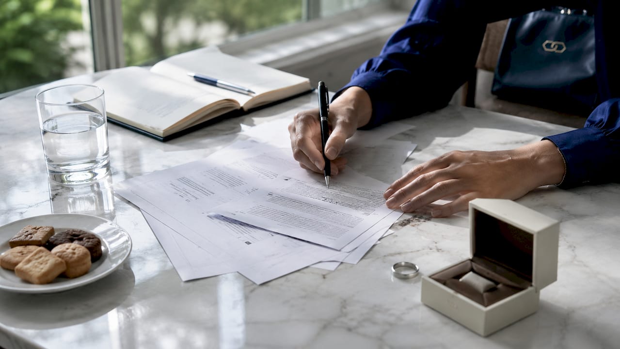 Hands reviewing silver jewelry return documents