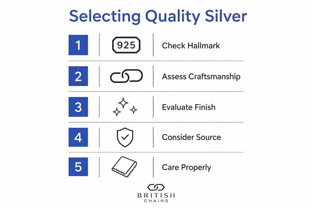 Infographic showing steps to select quality British silver jewellery
