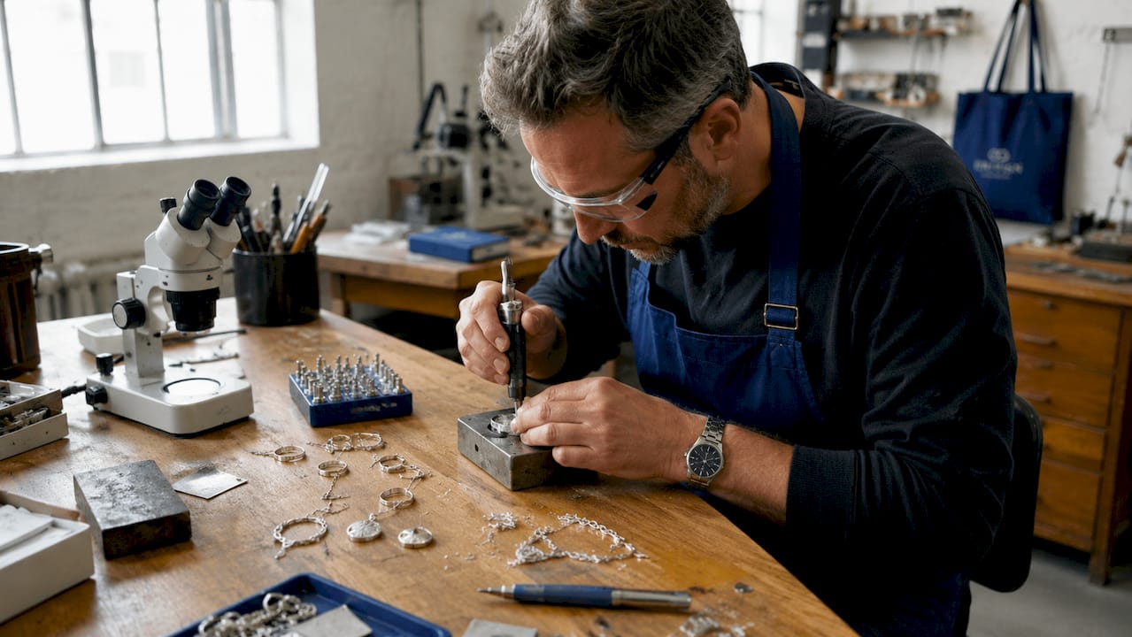 Metalsmith testing hardness of silver pendant