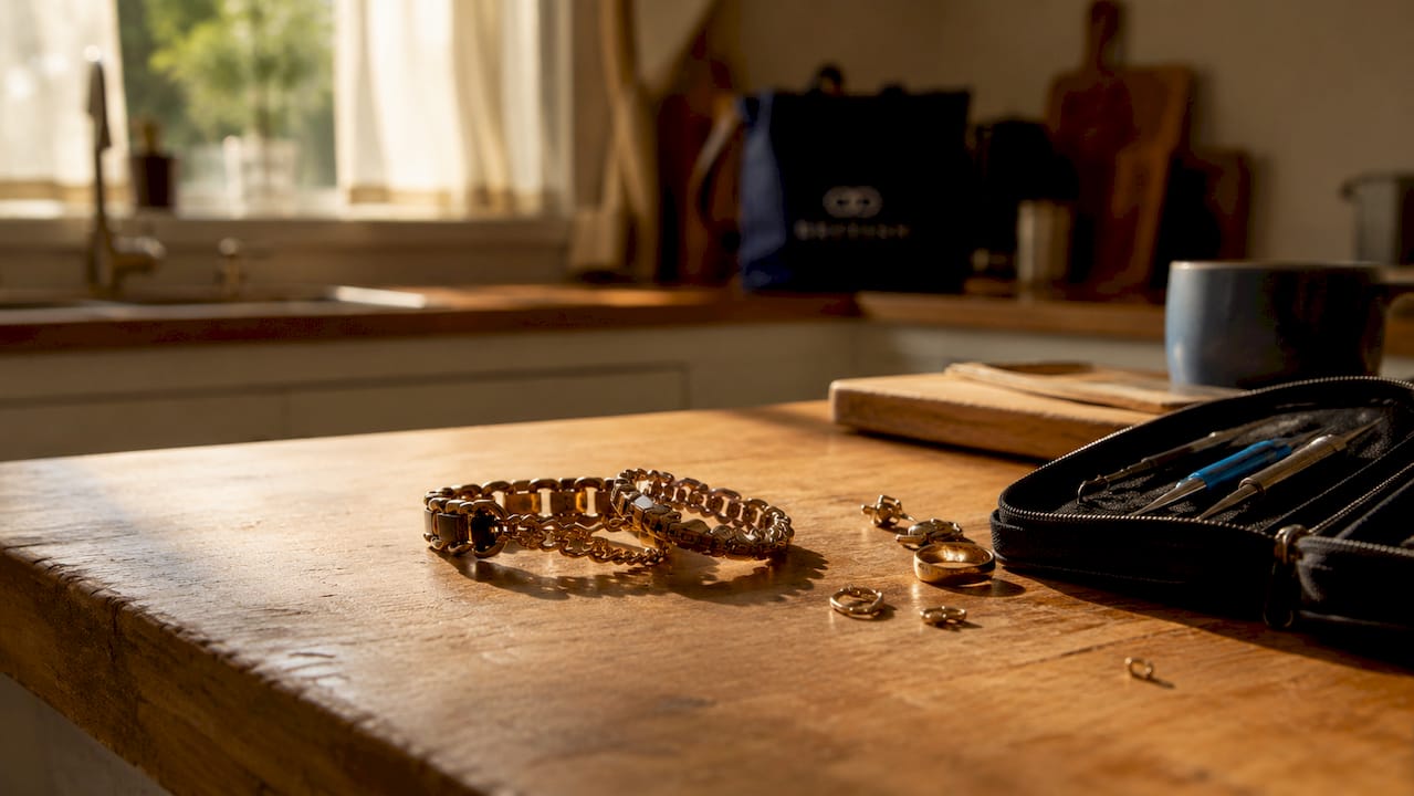 Worn costume jewellery with visible base metal damage