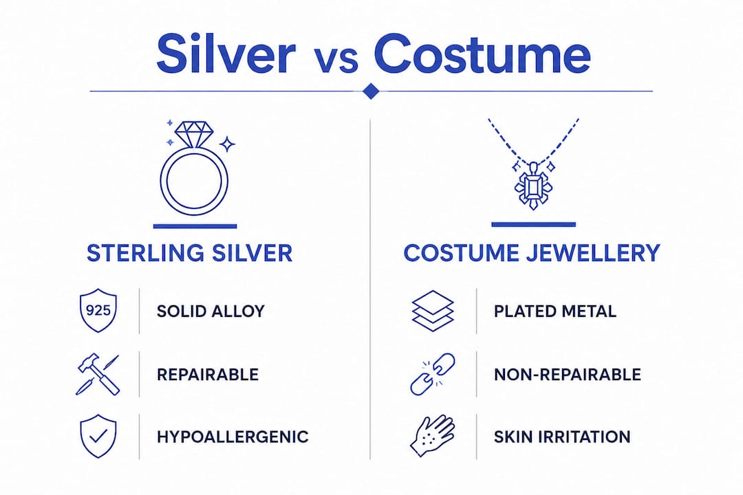 Infographic comparing sterling silver and costume jewellery durability