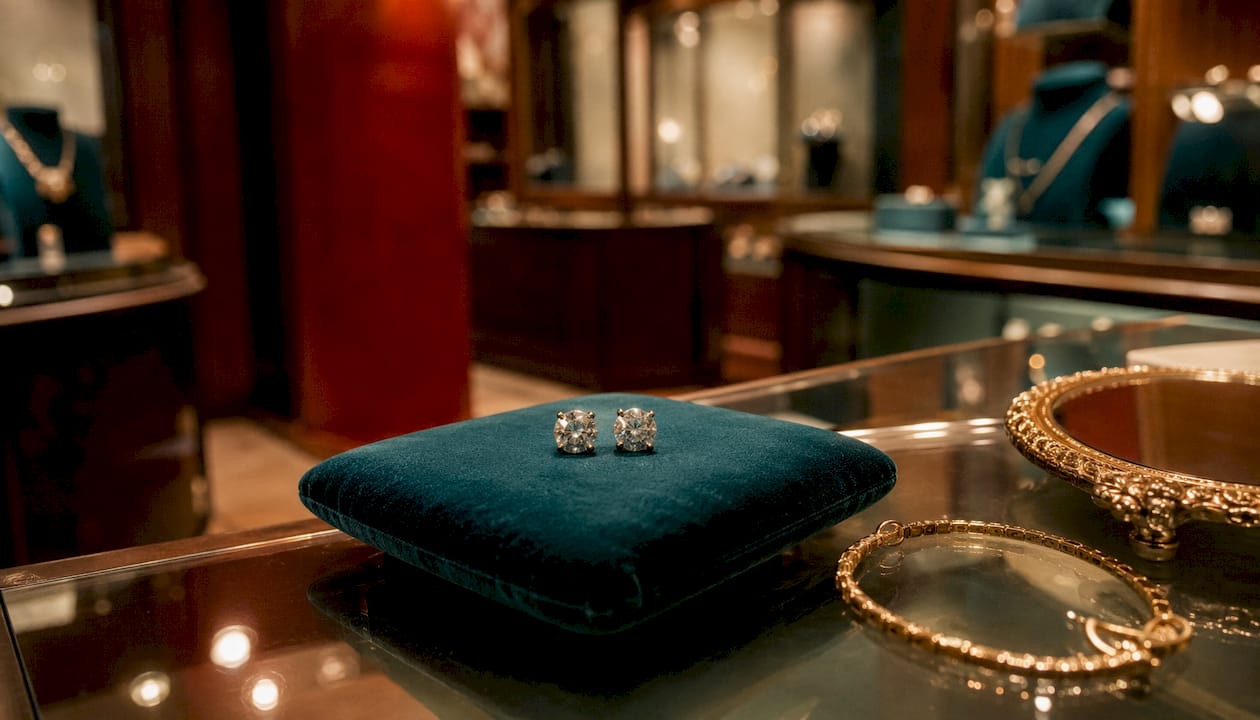 Close-up of diamond stud earrings in boutique