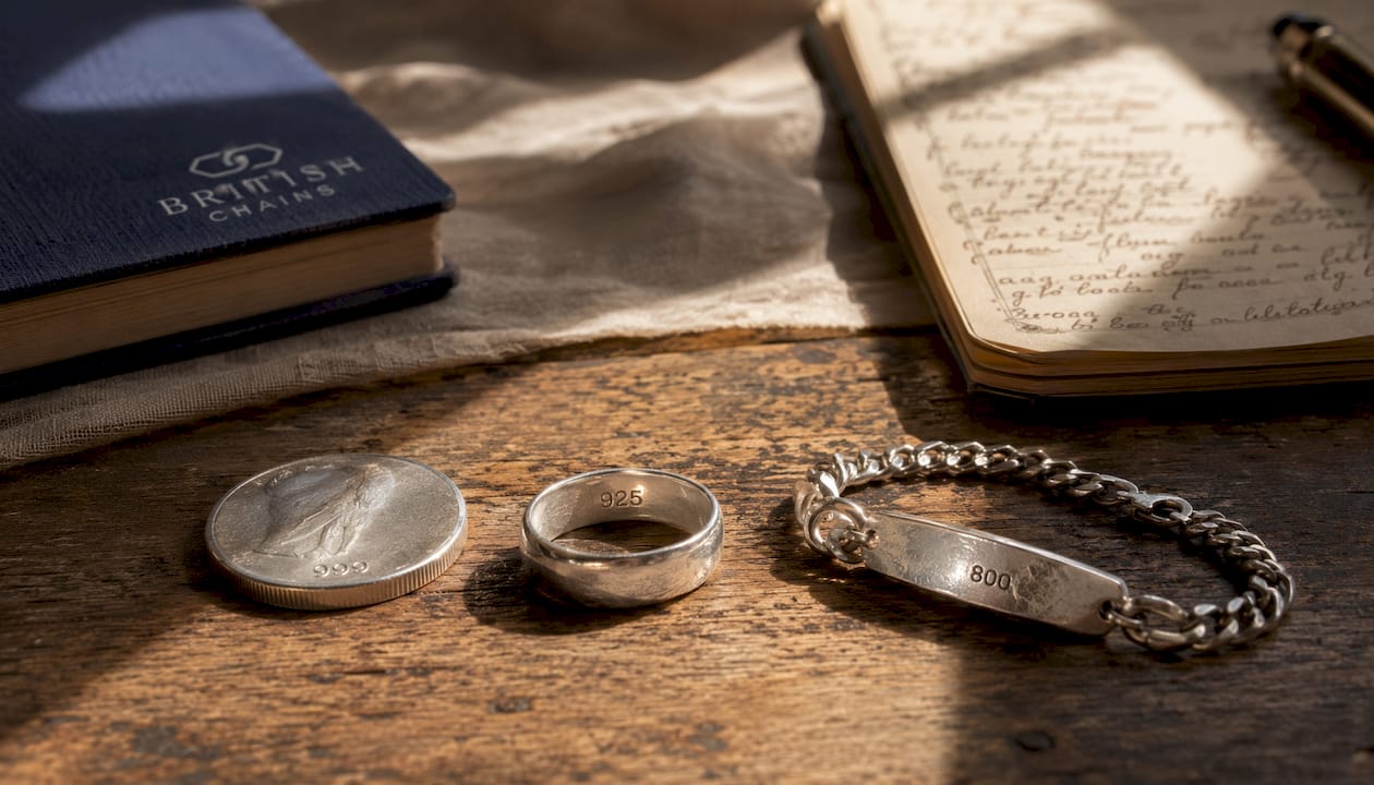 Close-up of silver items showing fineness marks