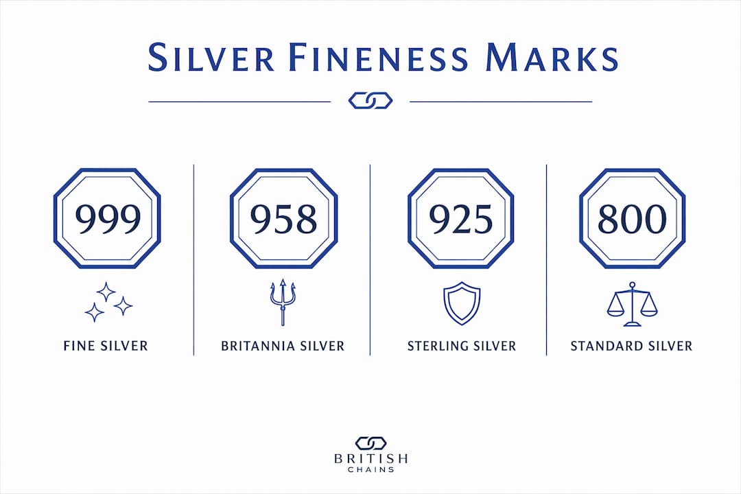 Infographic showing key silver fineness marks and purity levels