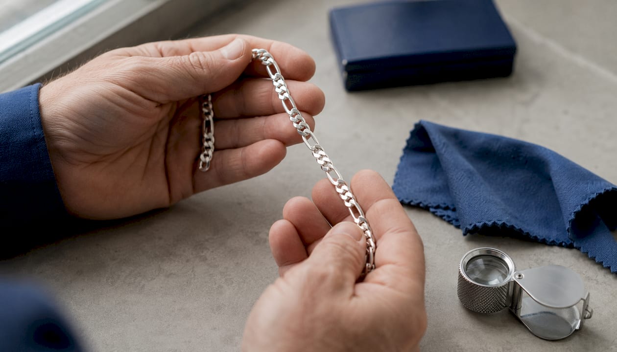 Close-up of polished sterling silver chain links