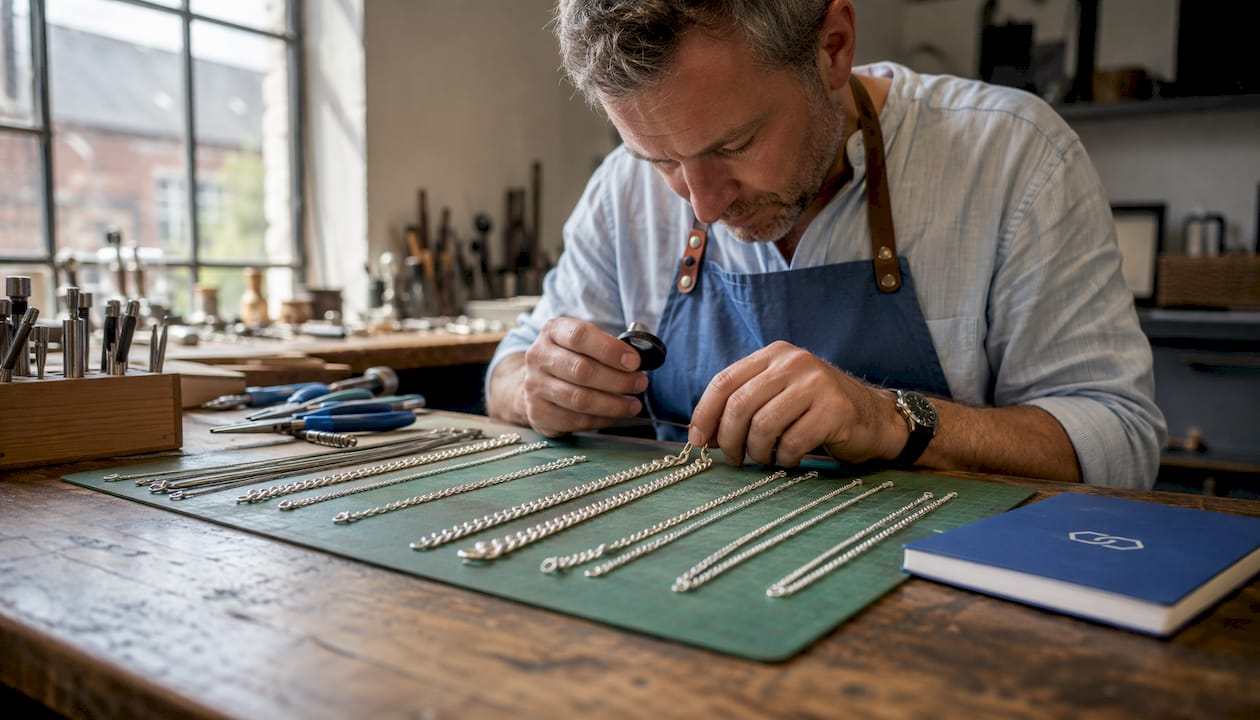 Close-up of jeweller handling sterling silver chains