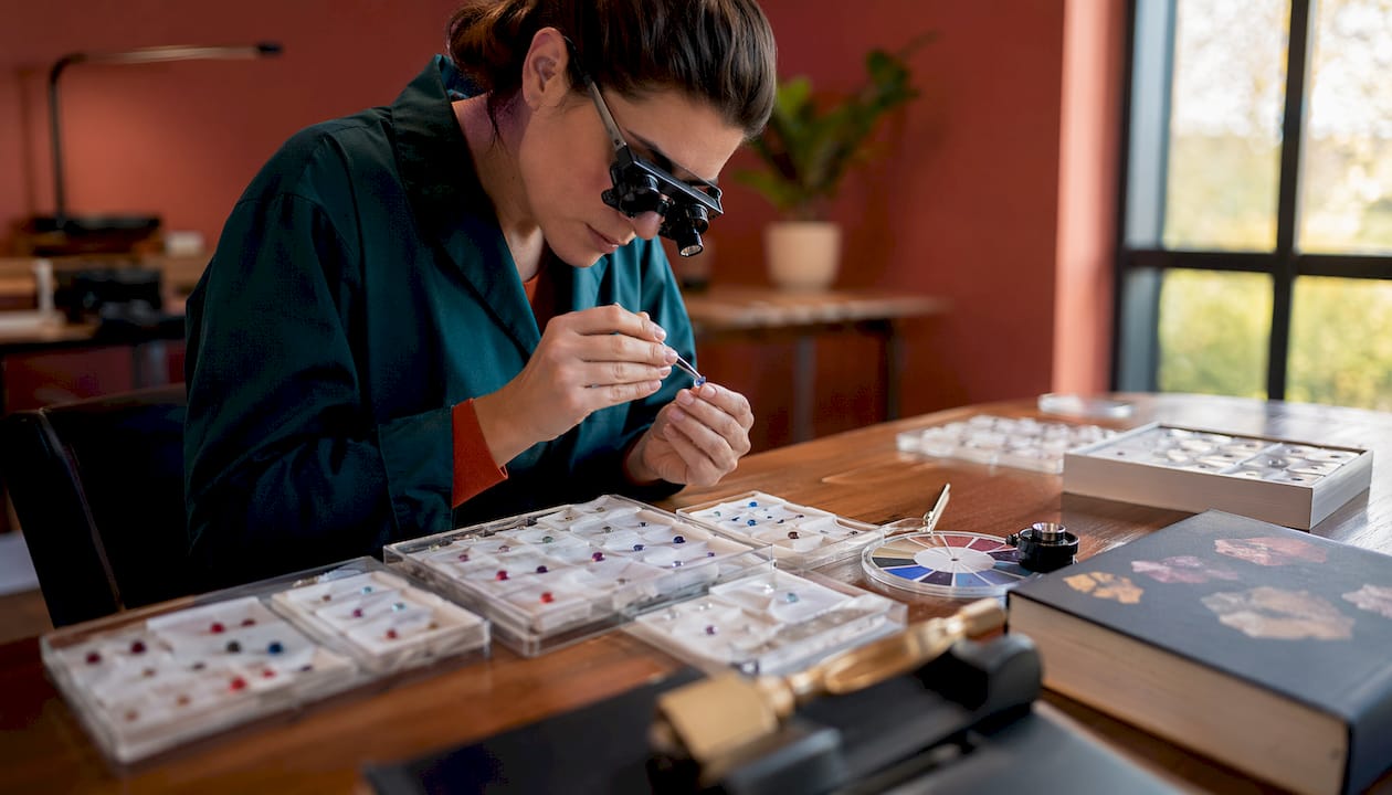 Gemologist inspecting traditional anniversary stones