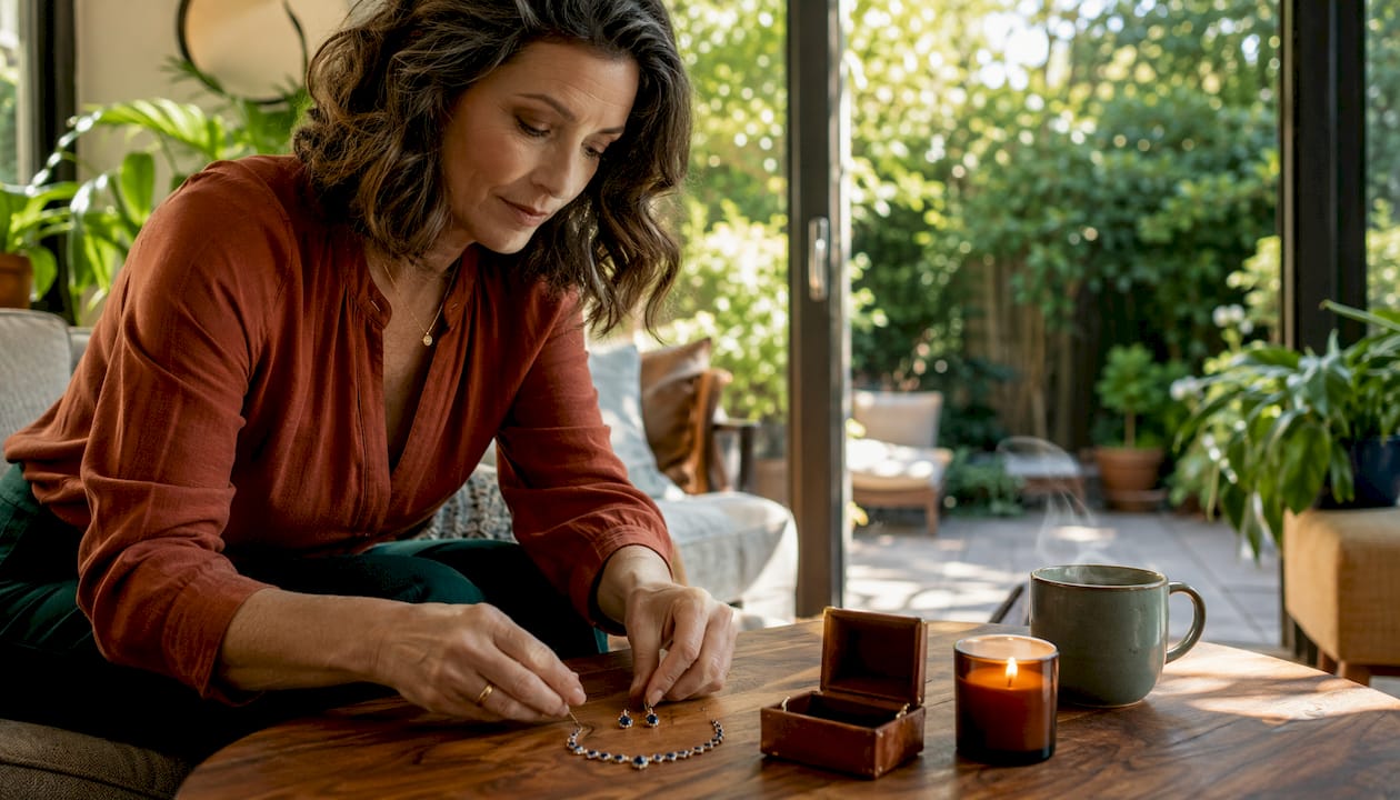 Woman arranging sapphire anniversary jewelry at home